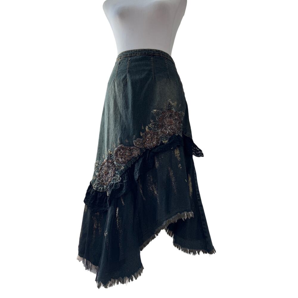 Vintage Y2K West 36 Asymmetrical Denim Skirt w/ Lace, Beads & Glitter